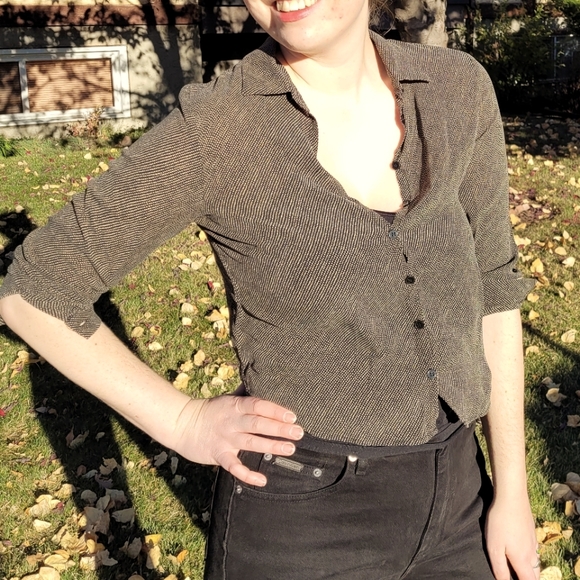 Jones NY black silk button up shirt black print shirt - Picture 7 of 7